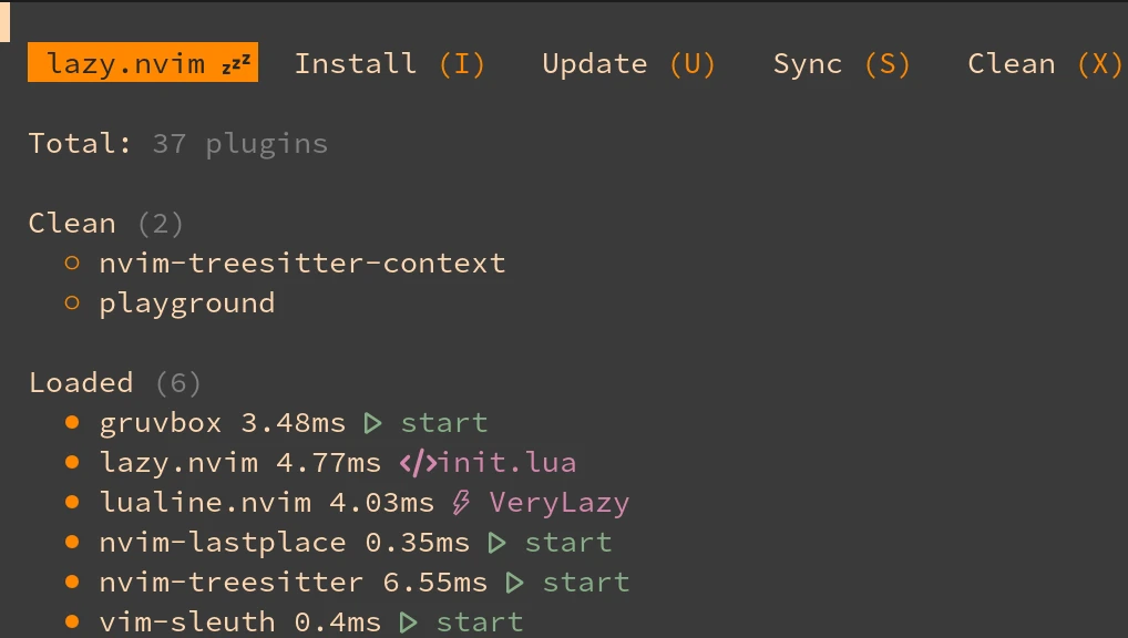 screenshot of nvim with 37 plugins installed and only 6 loaded
